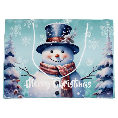 Winter Forest Snowman Christmas  Teal Large Gift Bag