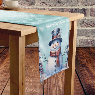 Winter Forest Snowman Christmas Teal Medium Table Runner