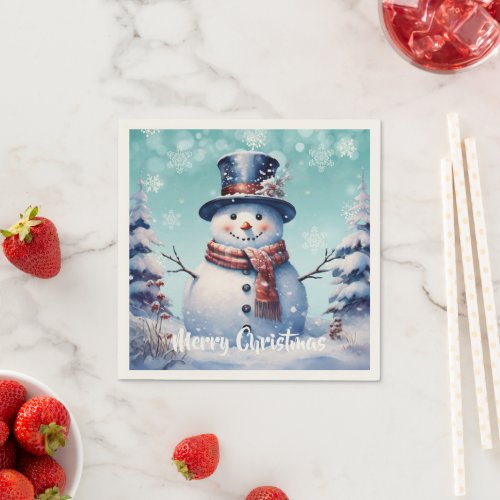 Winter Forest Snowman Christmas  Teal Napkins