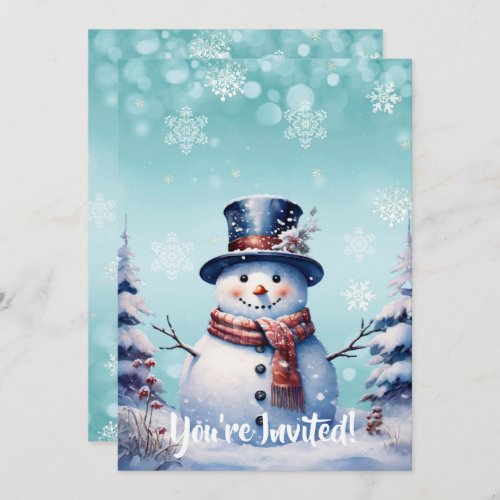 Winter Forest Snowman Christmas   Teal Party Invitation