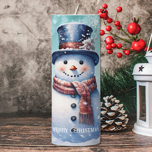 Winter Forest Snowman Christmas Teal Pillar Candle