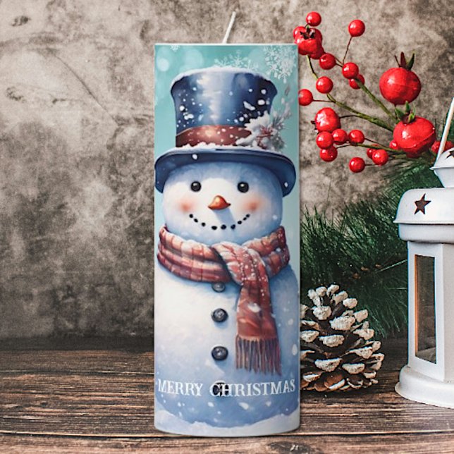 Winter Forest Snowman Christmas | Teal Pillar Candle (Teal Winter Forest Snowman Christmas Large Pillar Candle)