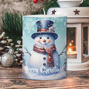 Winter Forest Snowman Christmas Teal Pillar Candle