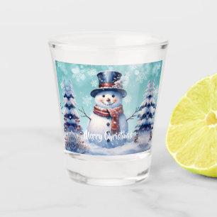 Winter Forest Snowman Christmas Teal Shot Glass