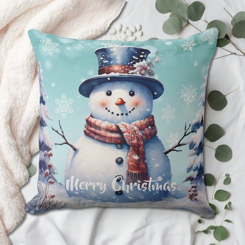 Winter Forest Snowman Christmas  Teal Throw Pillow