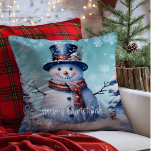 Winter Forest Snowman Christmas Teal Throw Pillow