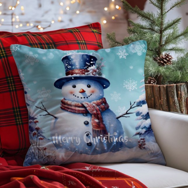 Winter Forest Snowman Christmas | Teal Throw Pillow (Teal Winter Forest Snowman Christmas Throw Pillow)