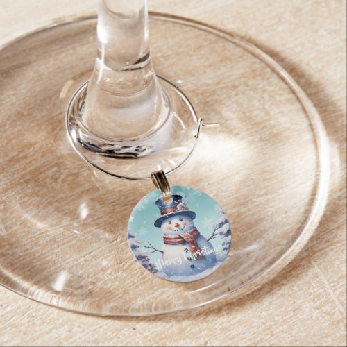 Winter Forest Snowman Christmas  Teal Wine Charm