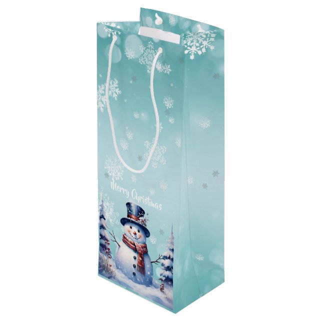 Winter Forest Snowman Christmas | Teal Wine Gift Bag (Back Angled)