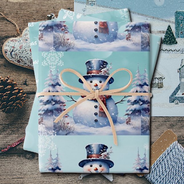 Winter Forest Snowman Christmas | Teal Wrapping Paper Sheets (Creator Uploaded)