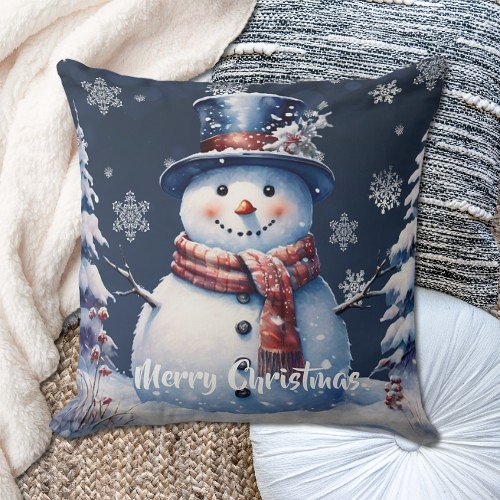 Winter Forest Snowman Christmas Throw Pillow
