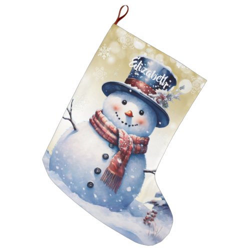 Winter Forest Snowman  Gold Large Christmas Stocking