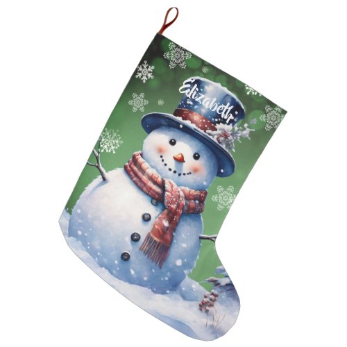 Winter Forest Snowman  Green Large Christmas Stocking