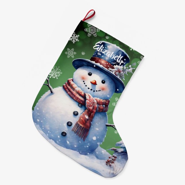 Winter Forest Snowman | Green Large Christmas Stocking (Front (Hanging))