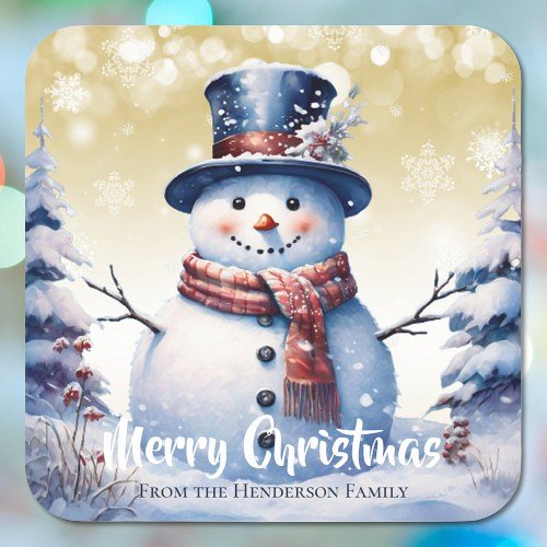 Winter Forest Snowman Merry Christmas  Gold Square Sticker