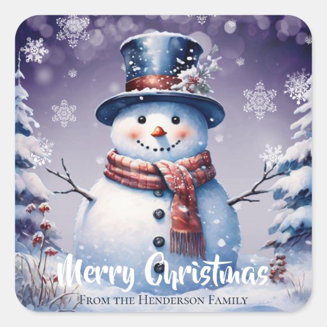 Winter Forest Snowman Merry Christmas | Purple Square Sticker (Front)