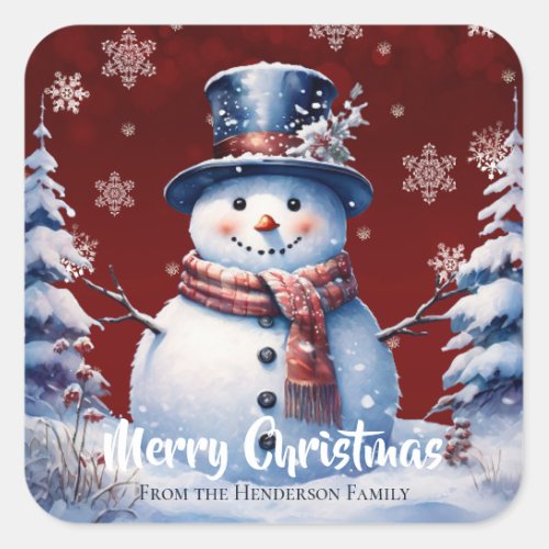 Winter Forest Snowman Merry Christmas  Red Square Sticker