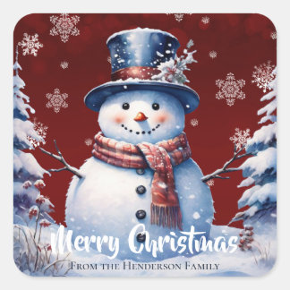 Winter Forest Snowman Merry Christmas | Red Square Sticker