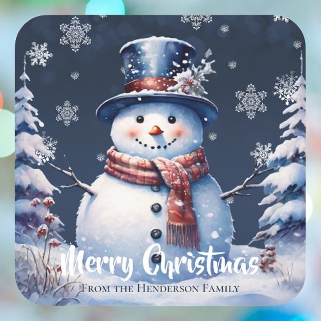 Winter Forest Snowman Merry Christmas Square Sticker (Winter Forest Snowman Merry Christmas Sticker)