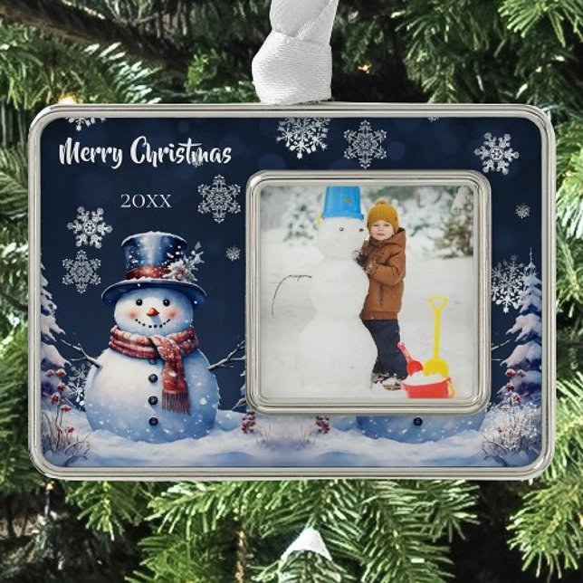 Winter Forest Snowman Photo | Blue Christmas Ornament (Winter Forest Snowman Christmas Photo Ornament)