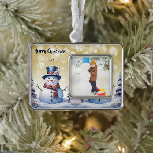 Winter Forest Snowman Photo  Gold Christmas Ornament
