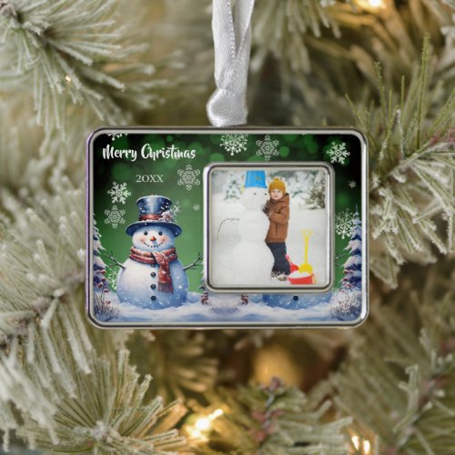 Winter Forest Snowman Photo  Green Christmas Ornament