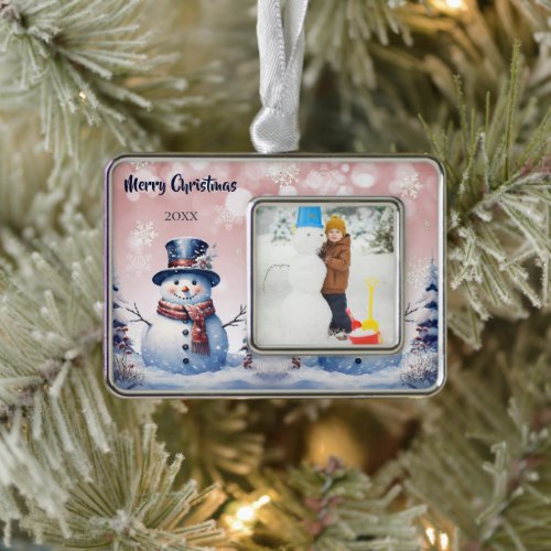 Winter Forest Snowman Photo  Pink Christmas Ornament