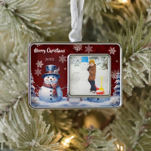 Winter Forest Snowman Photo  Red Christmas Ornament