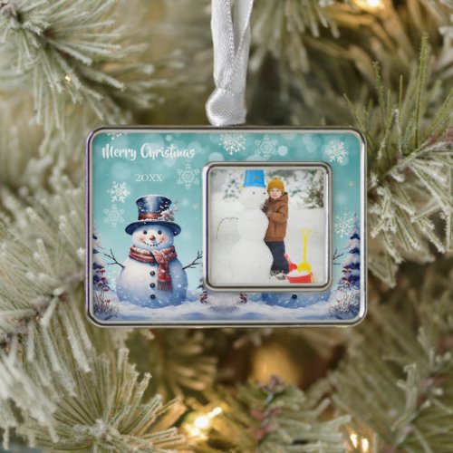 Winter Forest Snowman Photo  Teal Christmas Ornament