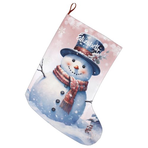 Winter Forest Snowman  Pink Large Christmas Stocking