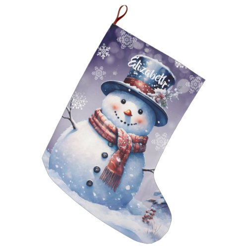 Winter Forest Snowman  Purple Large Christmas Stocking