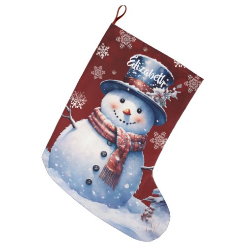 Winter Forest Snowman  Red Large Christmas Stocking