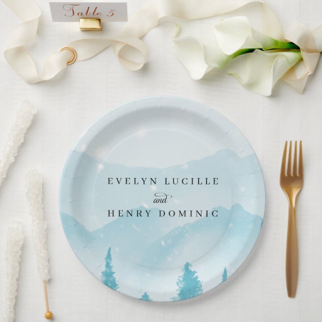 Winter Forest Snowy Mountain Wedding Paper Plates (Wedding)
