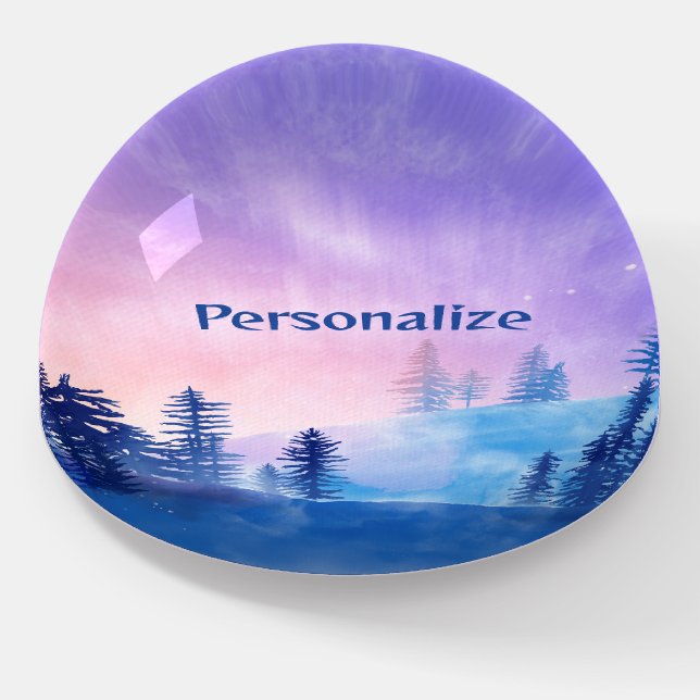 Winter Forest Sunset Blue Purple Pink Personalized Paperweight (Angled)