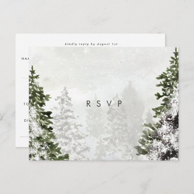 winter forest trees wedding rsvp postcard (Front/Back)