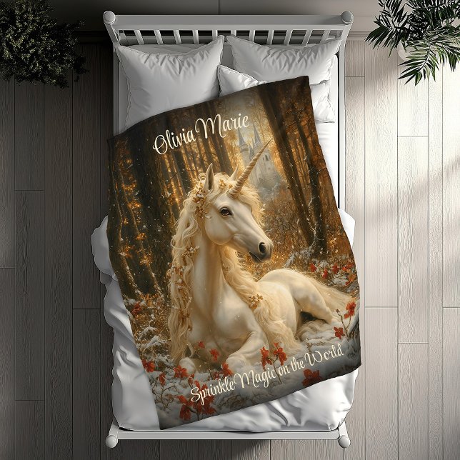 Winter Forest Unicorn Resting in the Snow Fantasy Fleece Blanket (Creator Uploaded)