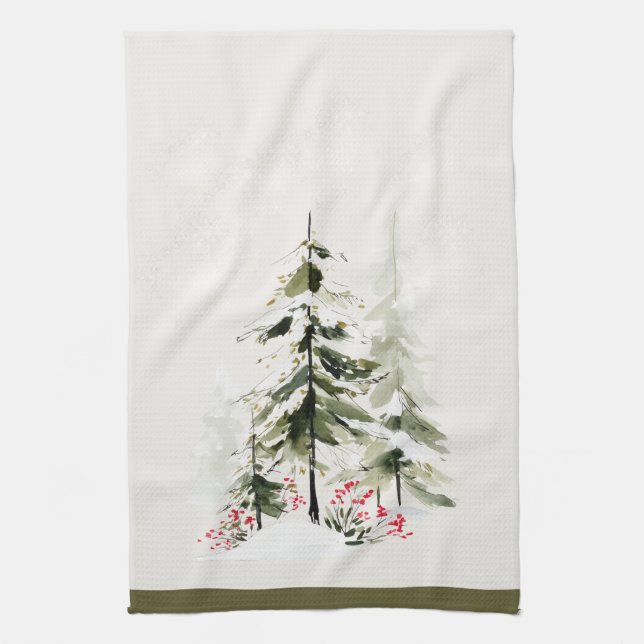 Winter Forest Watercolor Christmas Kitchen Towel (Vertical)