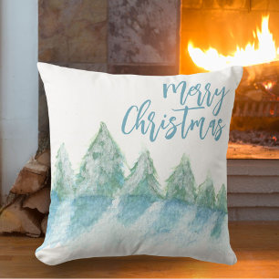 Winter Forest Watercolor Drawing Merry Christmas Throw Pillow
