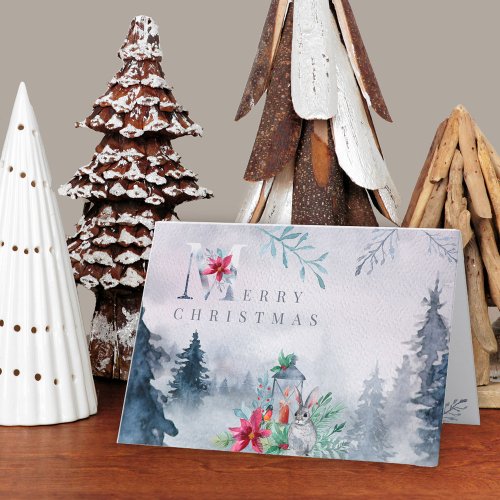 Winter Forest Watercolor Lantern Glow  Holiday Card