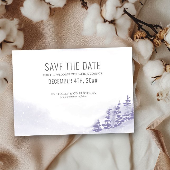 Winter Forest Watercolor Lavender Simple Save The Date (Save the Date Wedding Invitation from my Winter Forest Lavender Wedding Collection)