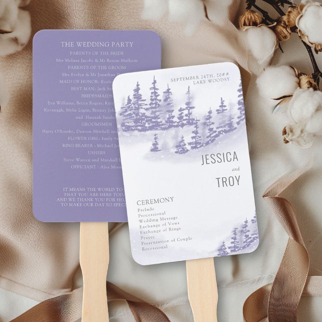 Winter Forest Watercolor Lavender Wedding Program Hand Fan (Wedding Ceremony Programs from my Winter Forest Lavender Wedding Collection
)