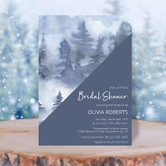Winter Forest Watercolor Navy Blue Bridal Shower Invitation (Creator Uploaded)