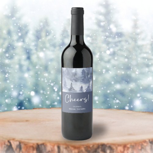 Winter Forest Watercolor Navy Blue Bridal Shower Wine Label
