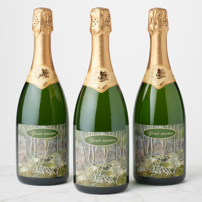 winter forest  Watercolor painting Sparkling Wine Label (Bottles)