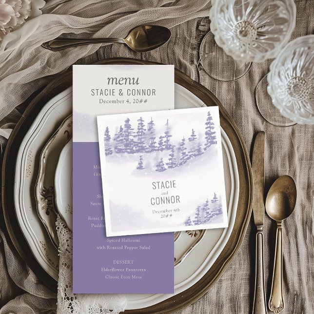 Winter Forest Watercolor Personalized Wedding Napkins (Wedding Cocktail Napkins from my Winter Forest Lavender Wedding Collection)
