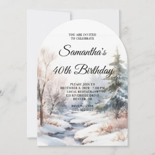 Winter Forest Watercolor Photo 40th Birthday Invitation