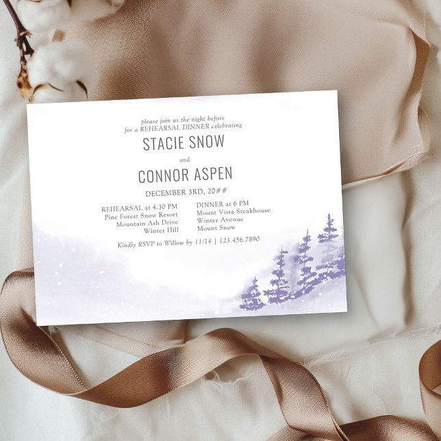 Winter Forest Watercolor Wedding Rehearsal Dinner Invitation (Wedding Rehearsal Dinner Invitation from my Winter Forest Lavender Wedding Collection)