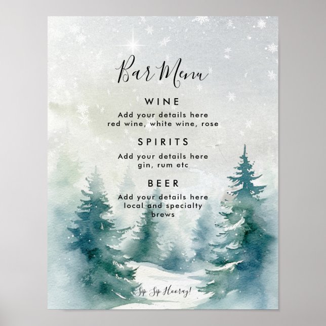 winter forest wedding bar menu sign (Front)