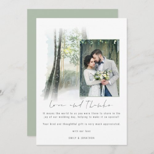 Winter Forest Wedding Photo Sage Love and Thanks  Thank You Card