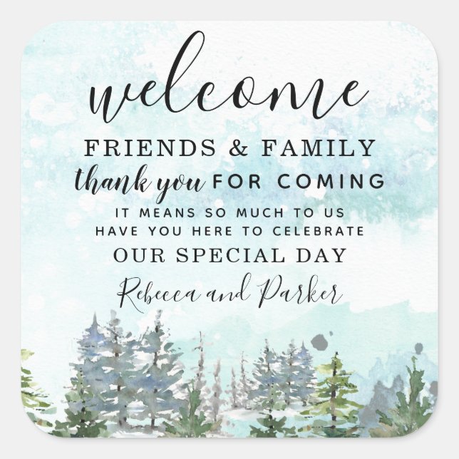 Winter Forest Wedding Welcome favor thank you Square Sticker (Front)